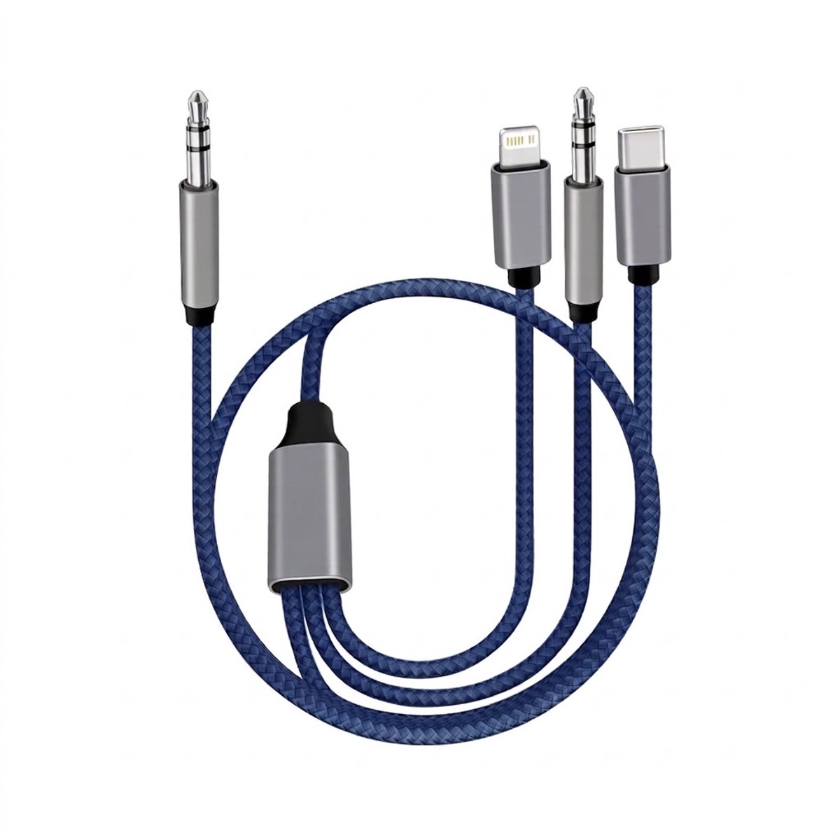 Aux kabel 3-in-1 met USB-C en iPhone-aansluiting in blauw