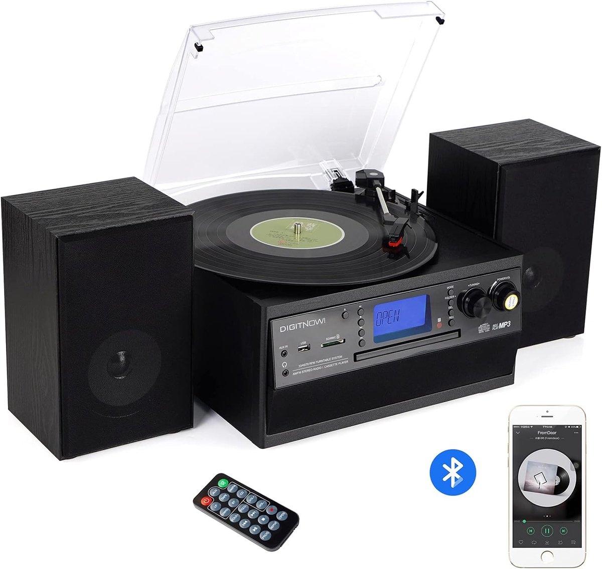 Bluetooth platenspeler met cd, cassette en radio en afneembare speakers