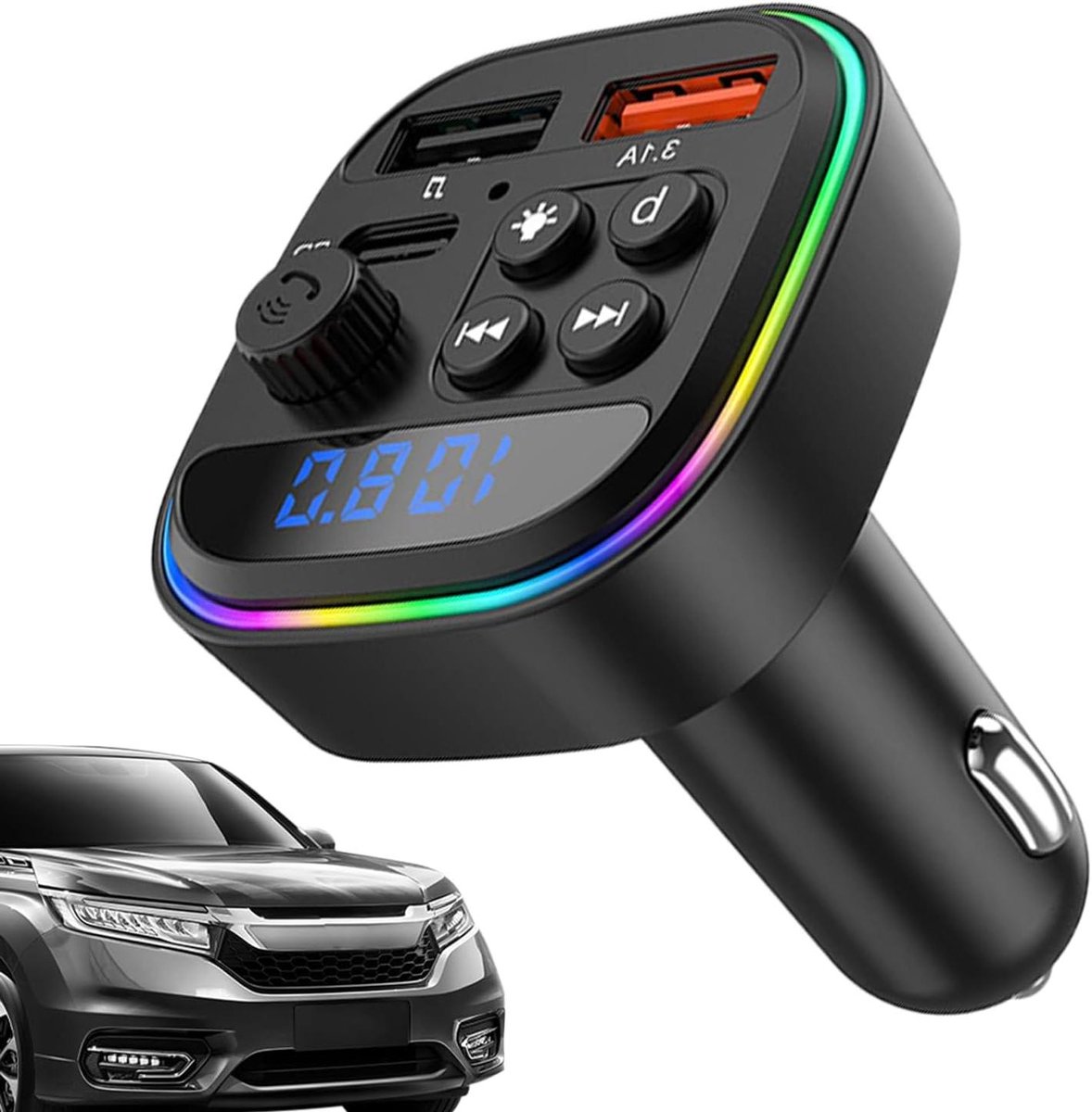 FM-transmitter met automatische frequentiezoeker in de auto