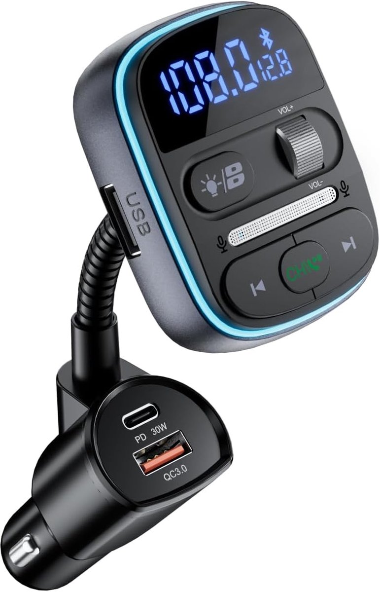FM-transmitter met draaibaar scherm en 30 watt snellader