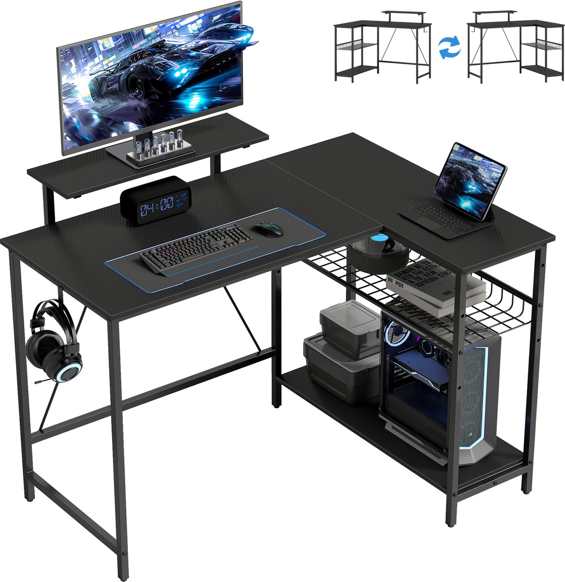 Ropilly L-vormig gaming bureau met monitorstandaard in het zwart
