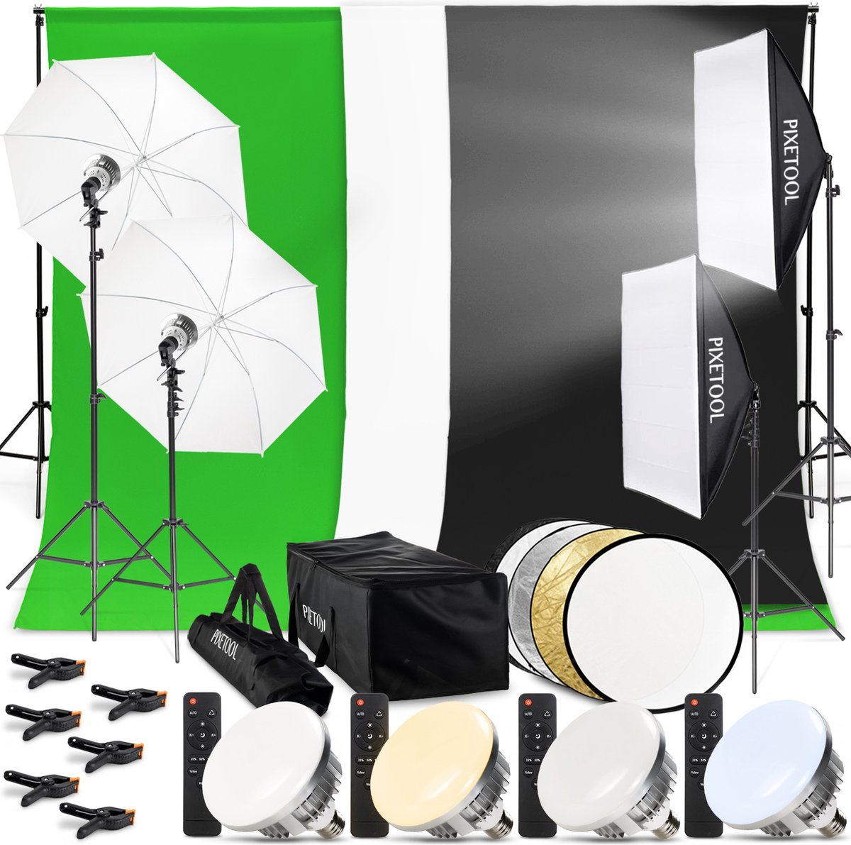Pixetool green screen studioset met softbox en LED-verlichting