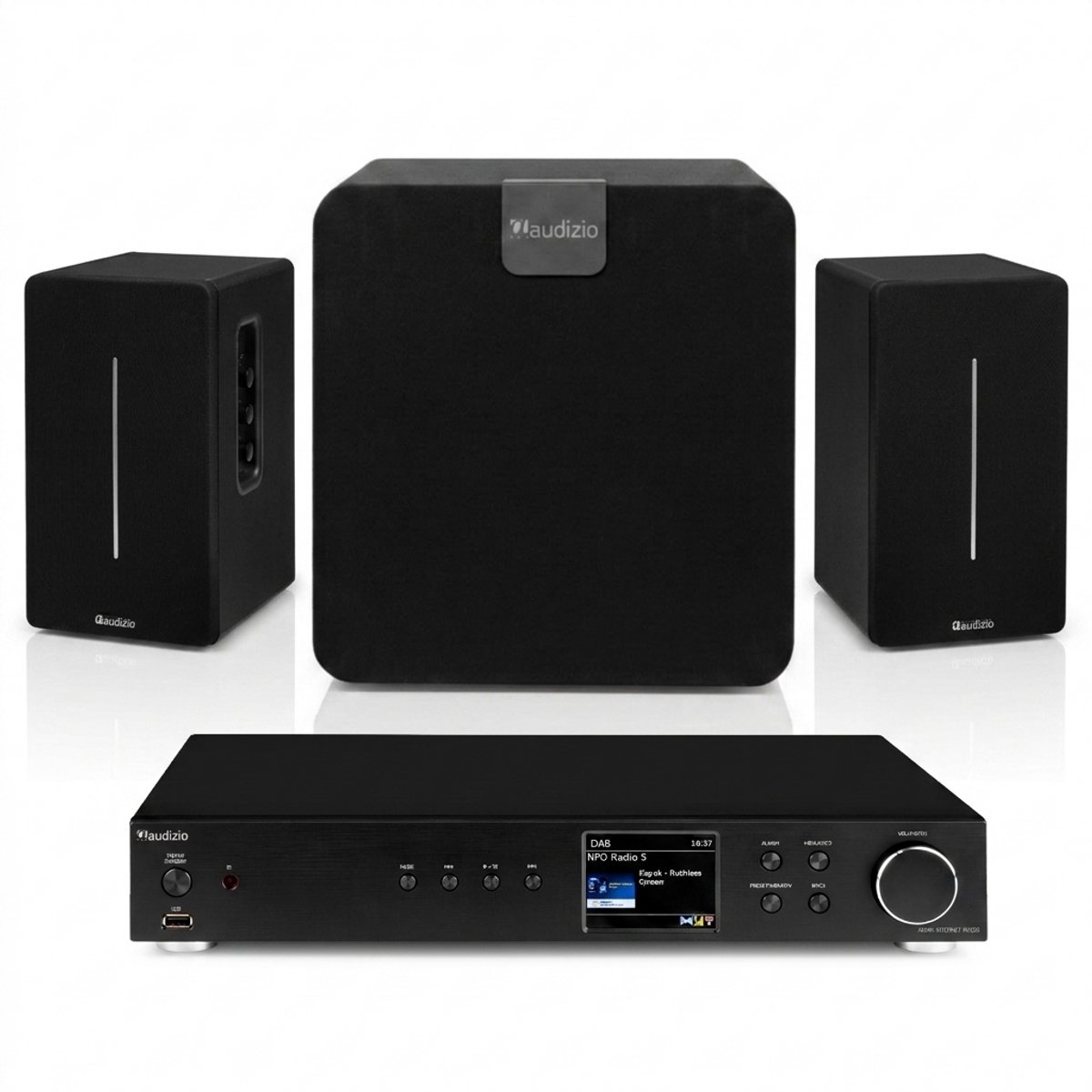 Audizio hifi set stereo installatie met losse subwoofer en twee speakers