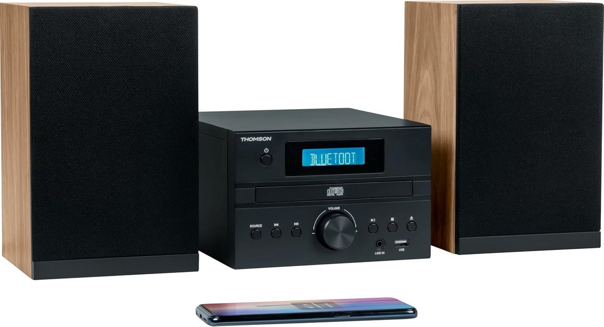 Compacte micro hifi set met cd-speler in hout en zwart