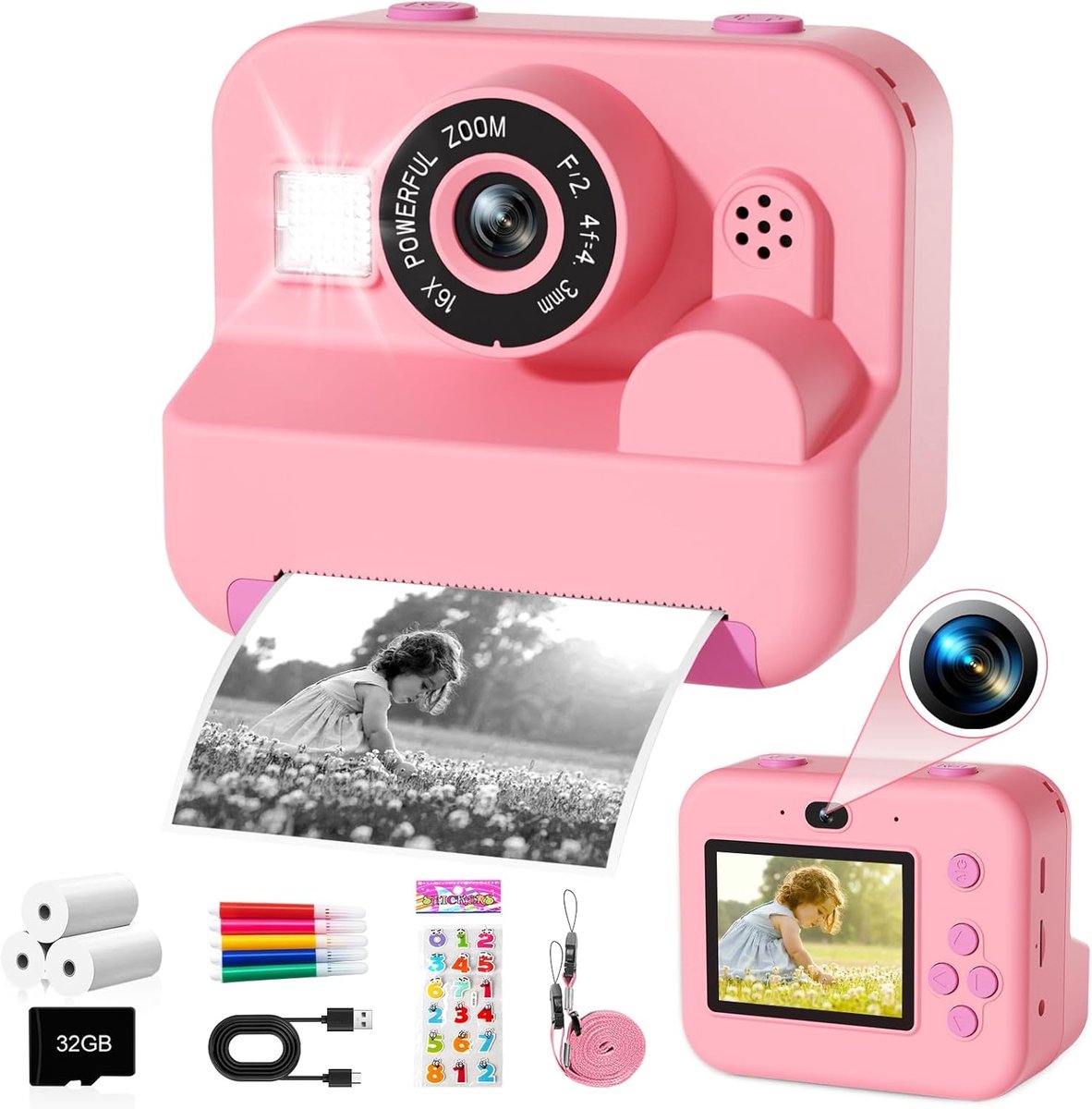 Kindercamera met fotoprinter, 16x digitale zoom en selfiemodus