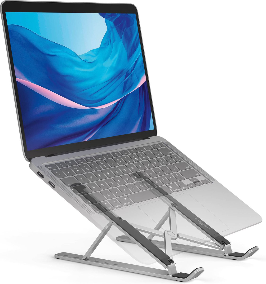 Durable FOLD laptopstandaard in zilver op een bureau
