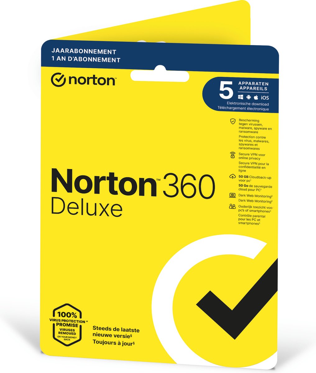 Norton 360 Deluxe beveiligingssoftware voor 5 apparaten