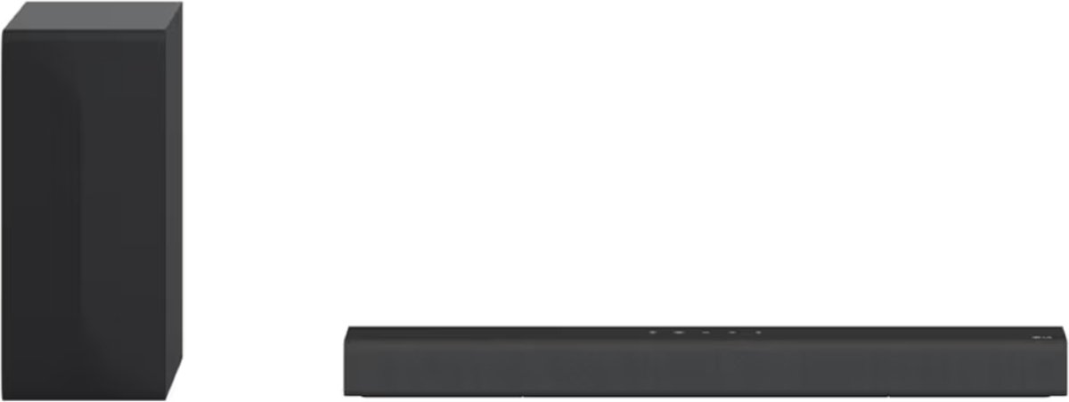 LG SC9S lage, brede soundbar met losse glanzende subwoofertoren