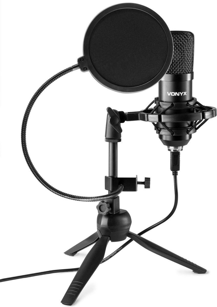Vonyx CM300B usb-microfoon in zwart met tafelstandaard en popfilter