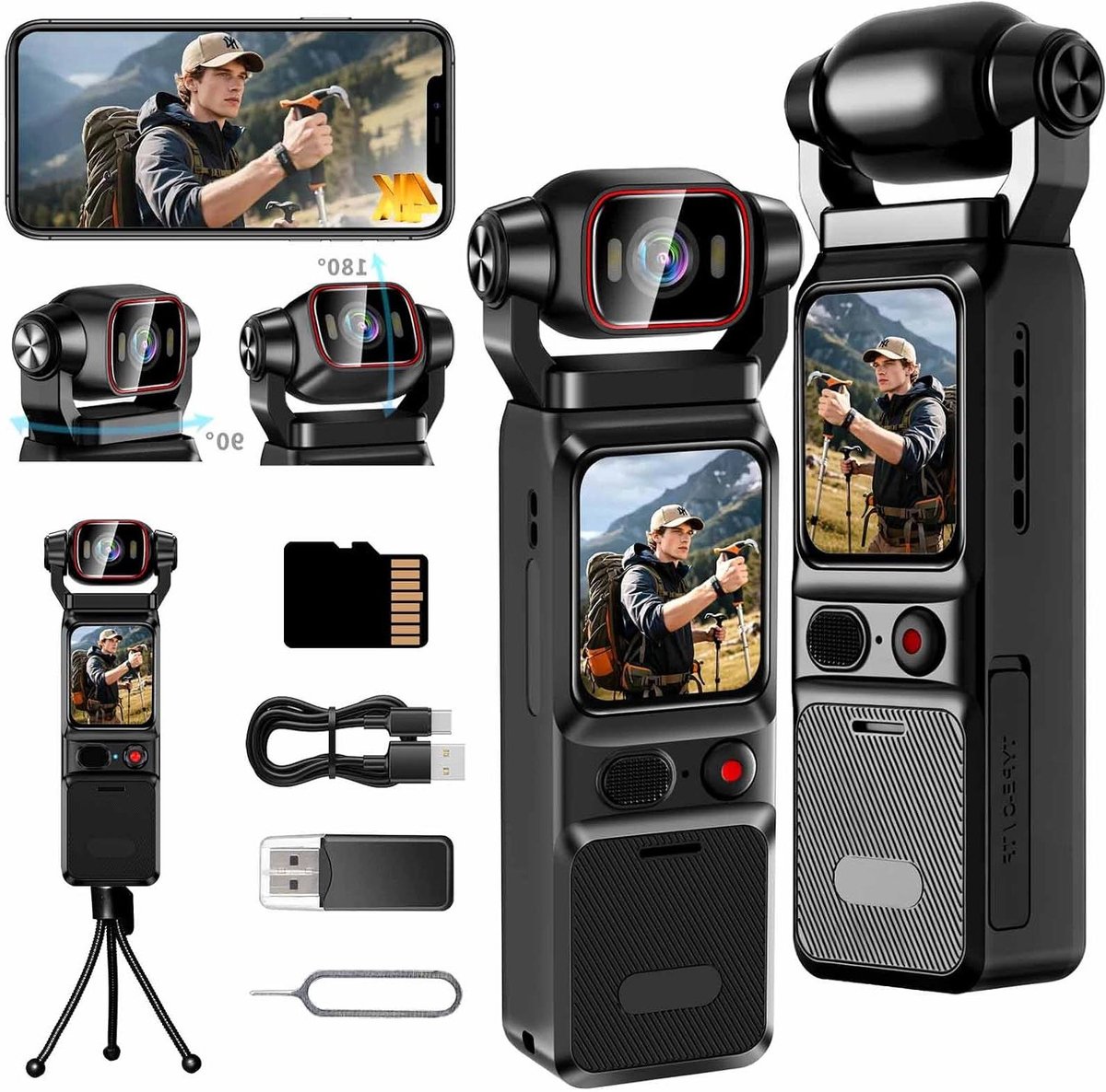 Vlogcamera 4K actiecamera met 180 graden draaibare lens