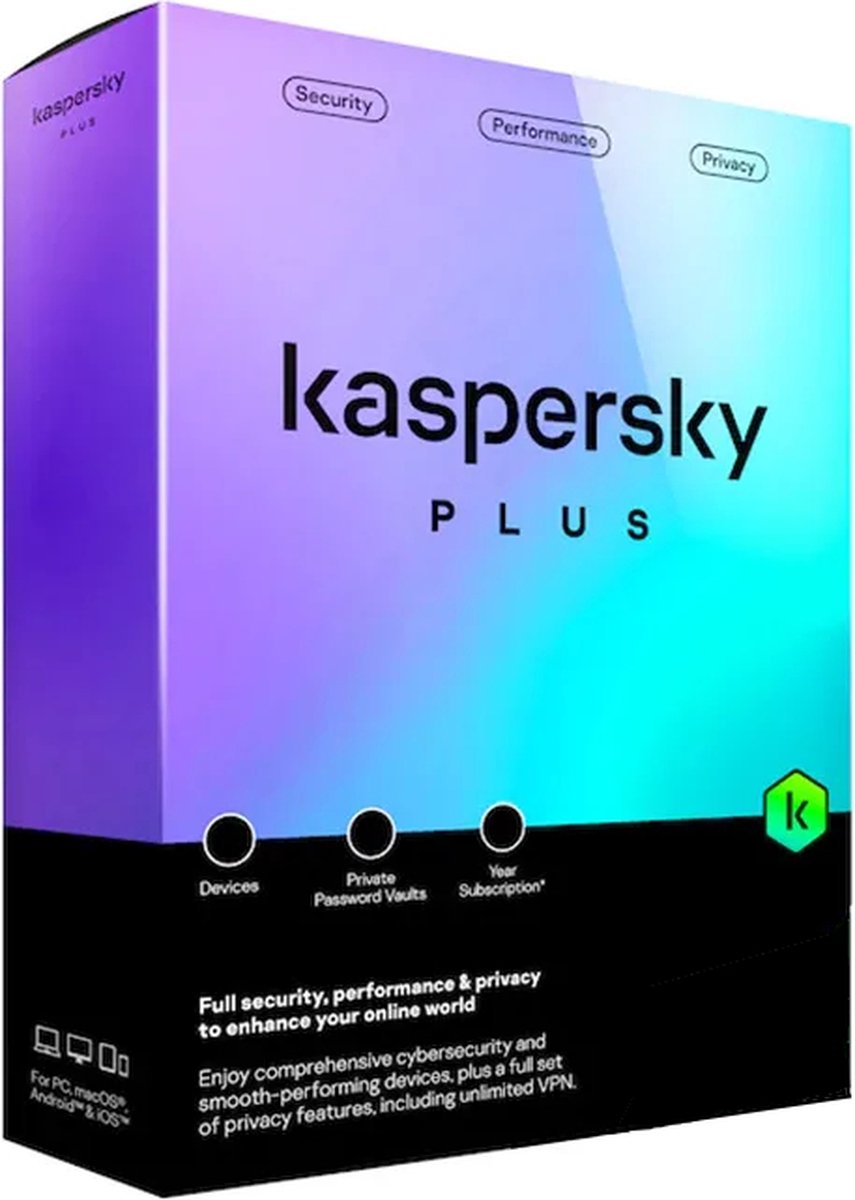 Kaspersky Plus beveiligingssoftware voor 3 apparaten, 1 jaar