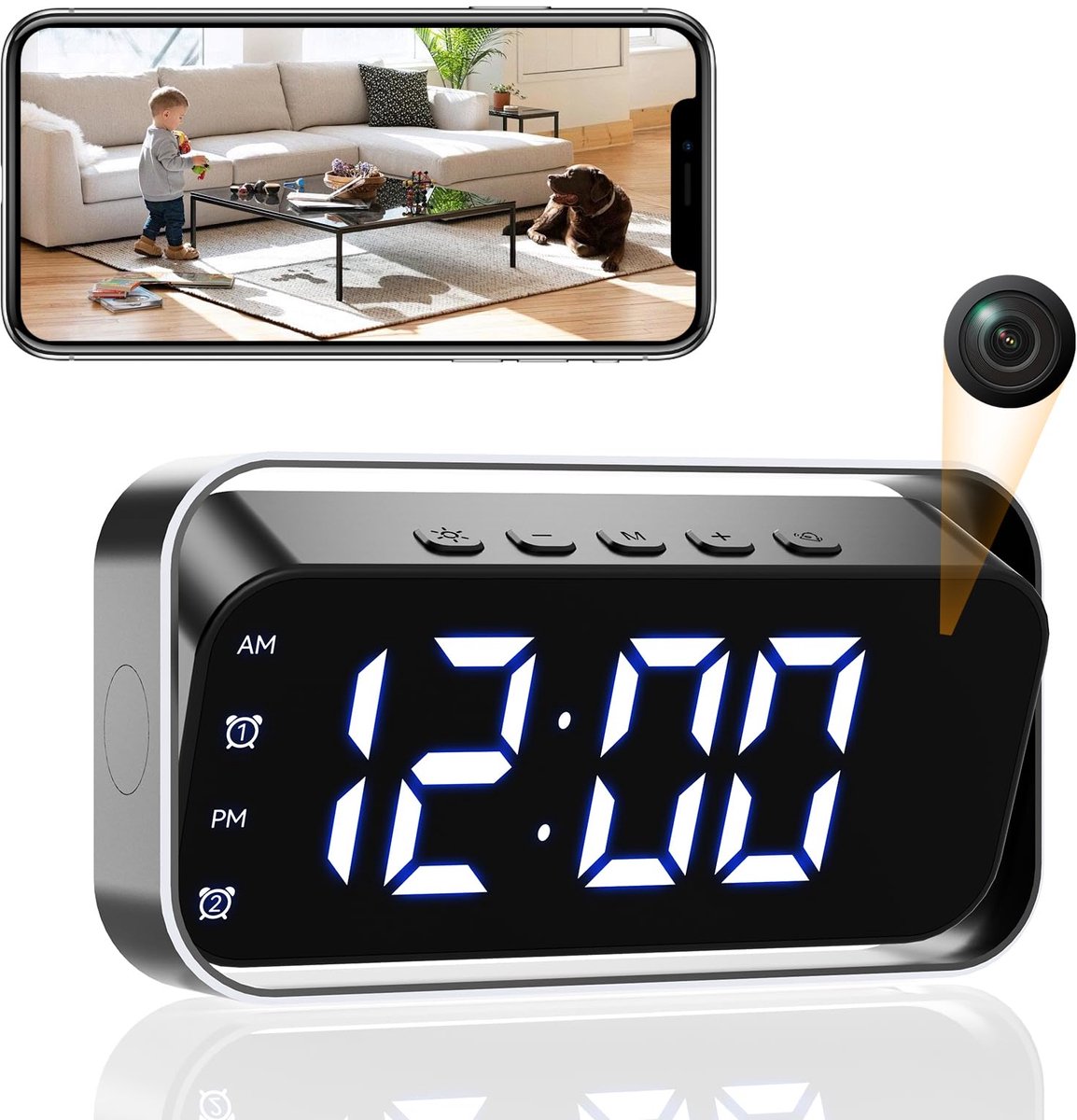 Spycam 4K WiFi klokcamera met bewegingsdetectie op een dressoir
