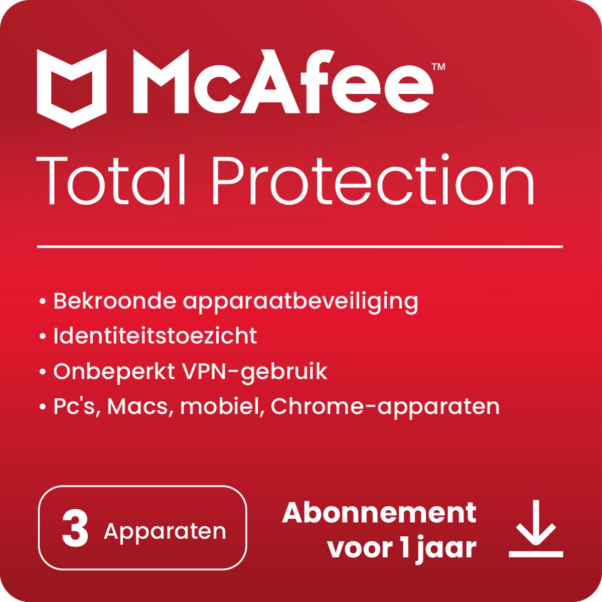McAfee Total Protection met VPN voor 3 apparaten, 1 jaar