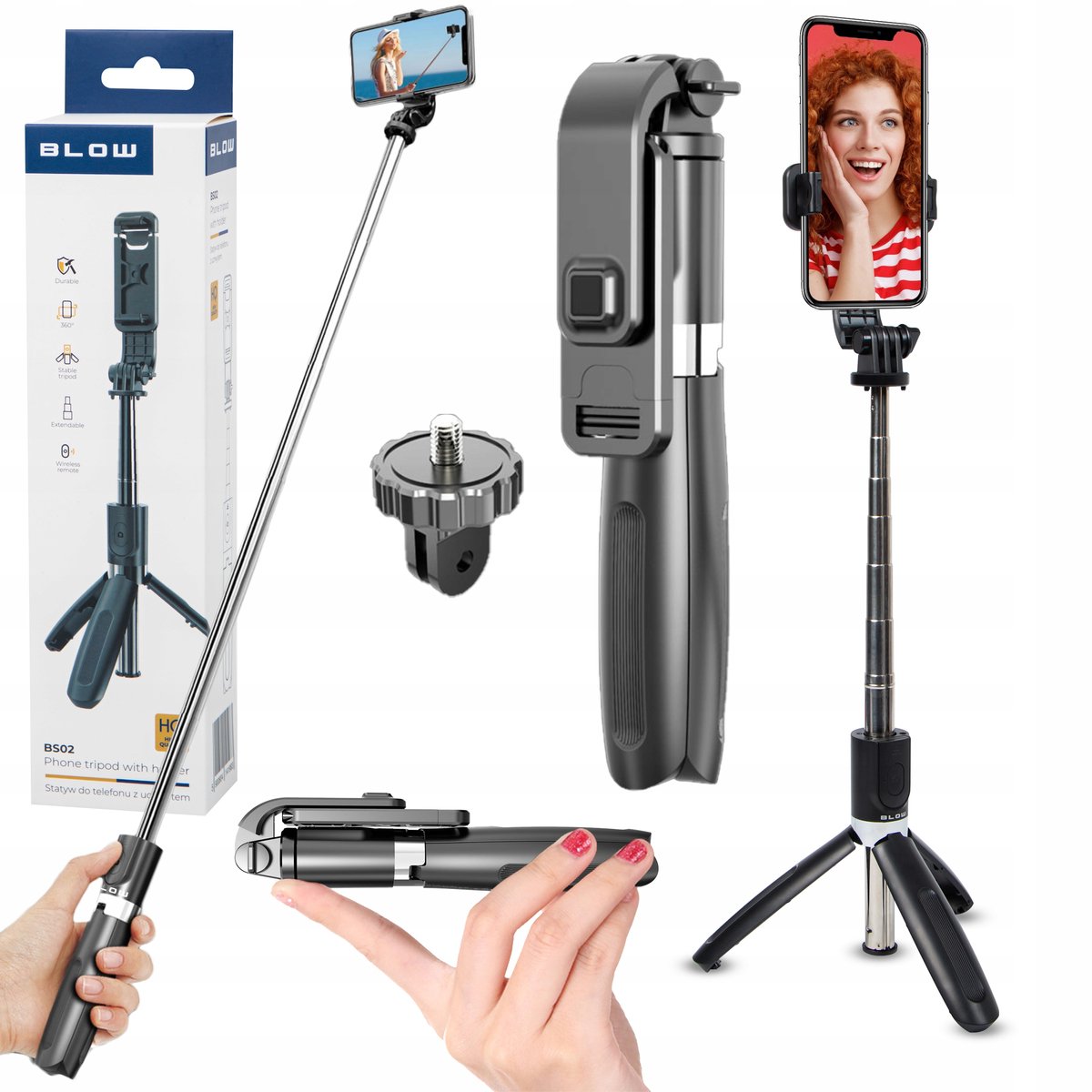 Blow selfie stick-statief met bluetooth-afstandsbediening in het zwart