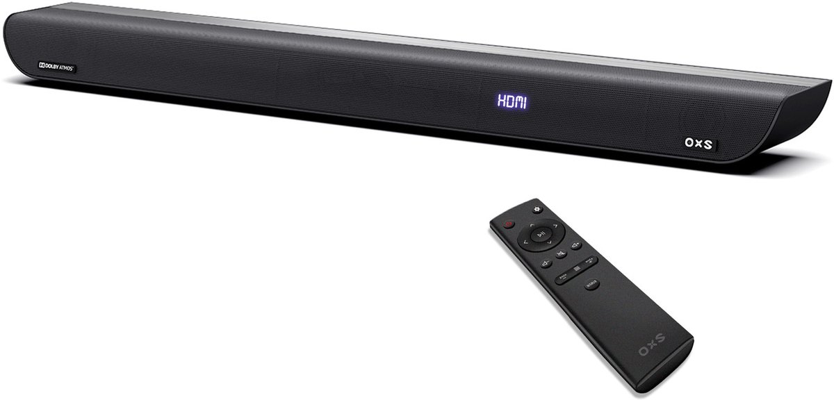 OXS S5 gaming soundbar met Dolby Atmos-logo, display en afstandsbediening