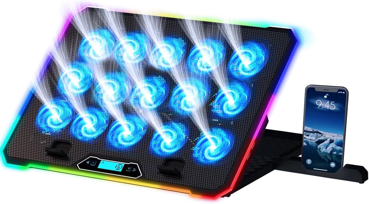 KLIM V15 laptop cooler koelpad onder een laptop