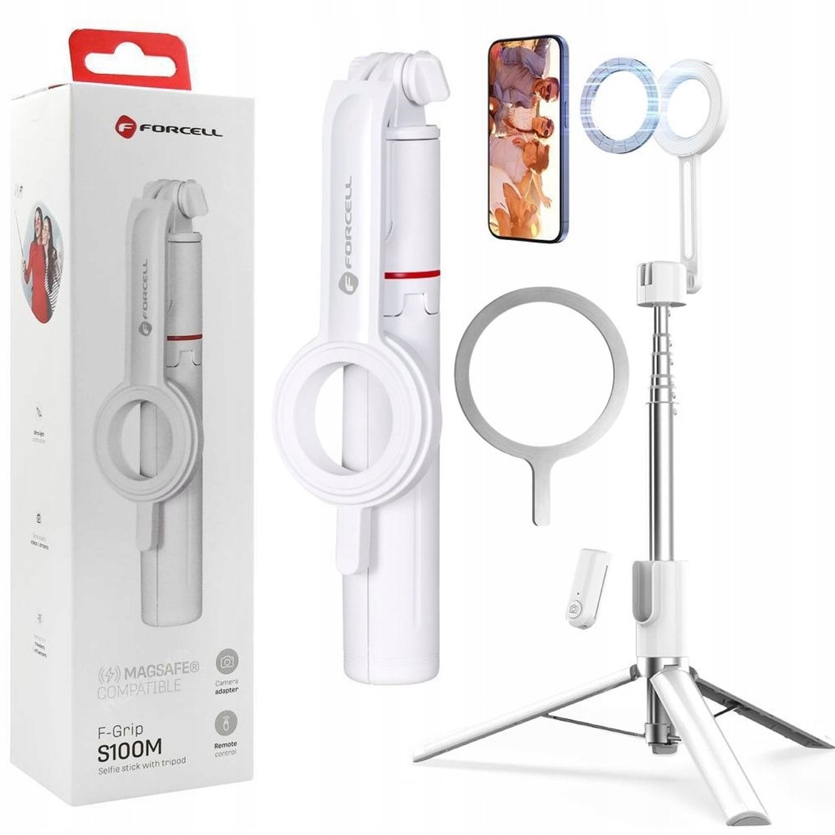 Selfie stick statief met MagSafe-koppeling en afstandsbediening in het wit