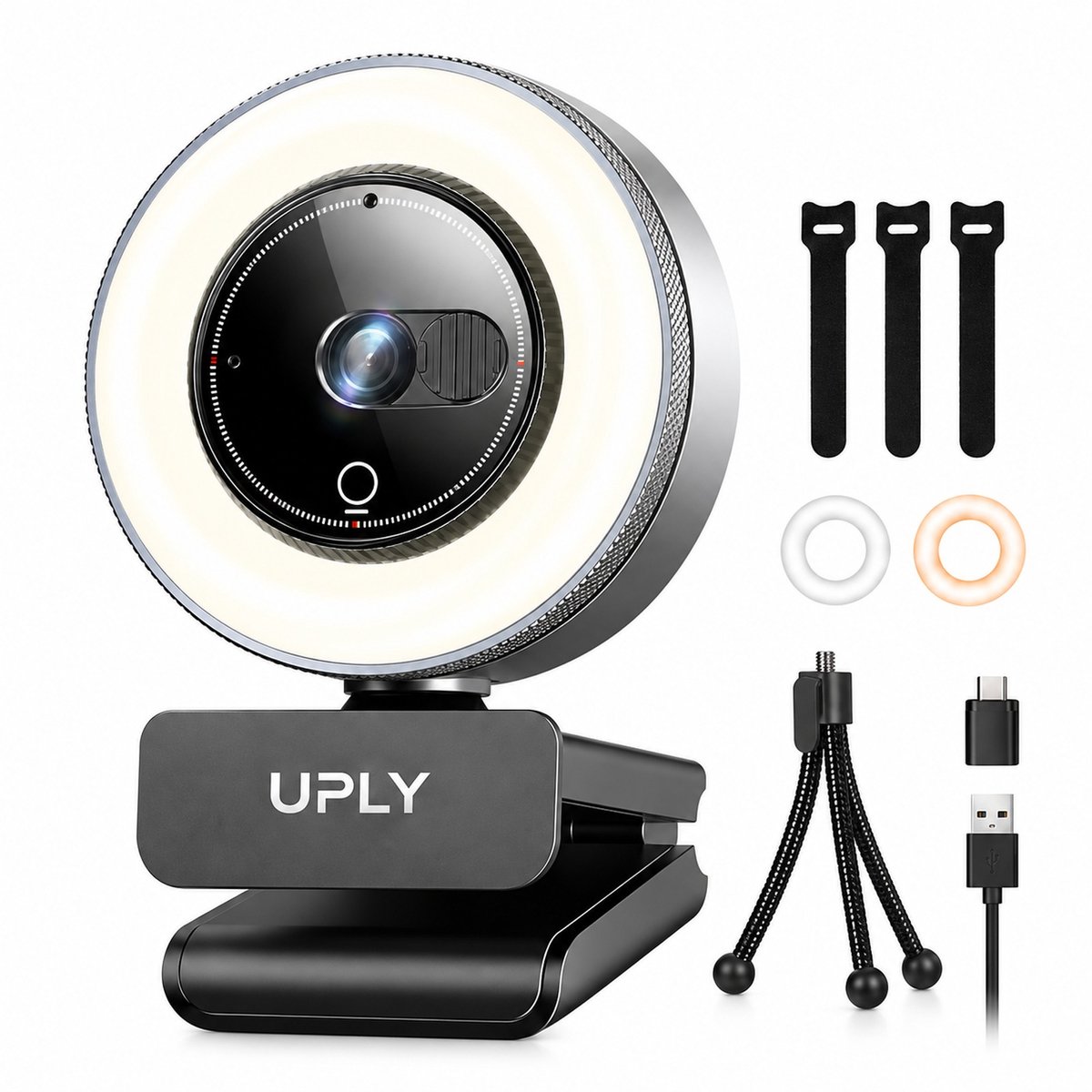 UPLY webcam voor pc met ringlamp, microfoon en statief